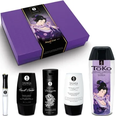 Lila Geschenkbox mit Shunga-Produkten: Secret Garden, Dragon, Rain of Love, Toko Aqua. Erotische Kunst auf Verpackung.