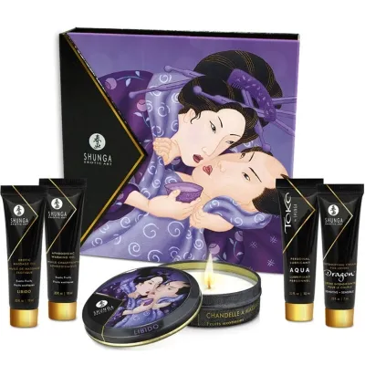 Set mit Shunga-Produkten, darunter Massageöl, Gleitmittel und Kerze, vor einer Verpackung mit japanischer Kunst.