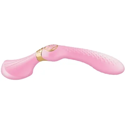 Pink, curved vibrator with textured handle and gold accents, on a white background.