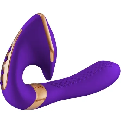 Lila und goldener Vibrator mit strukturiertem Griff und geschwungenem Design.