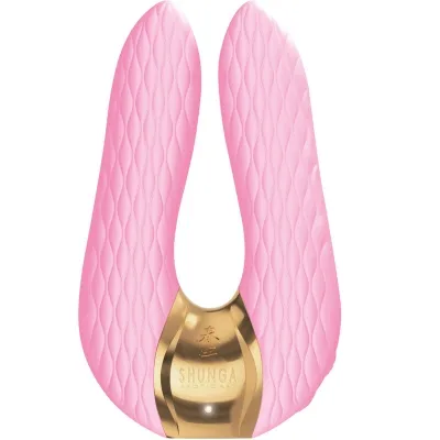 Rosa, U-förmiger Vibrator mit goldener Basis und strukturierter Oberfläche, Marke "Shunga Erotic Art".
