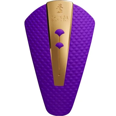 Purple and gold textured object with the inscription "Shunga Exotic Art" and two stylized leaves.