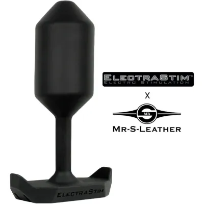 Schwarzes Elektrostimulationsgerät mit Logos von ElectraStim und Mr-S-Leather.