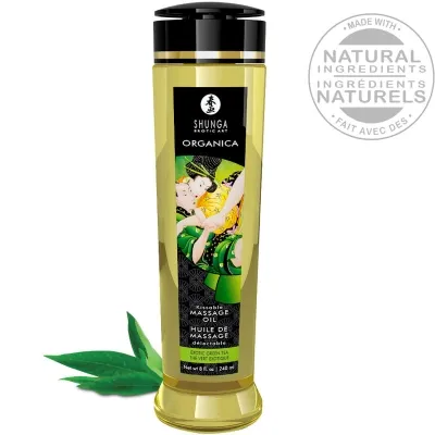 Bottle of Shunga Organica massage oil with green tea, 240 ml, natural ingredients, decorative label.
