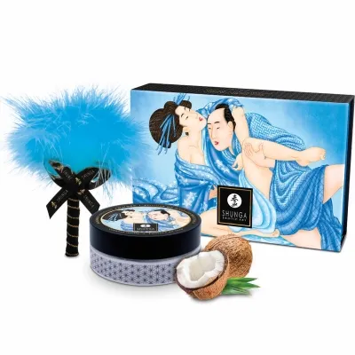 Shunga set with blue feather, tin and packaging with erotic art motif, coconut and aloe vera.