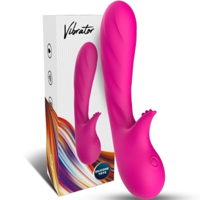 Pink vibrator with packaging in the background, made of silicone, with a textured design and ergonomic shape.