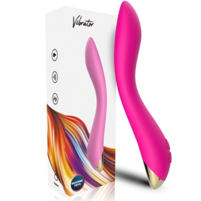 Pink vibrator with a curved shape in front of packaging with a colorful design.