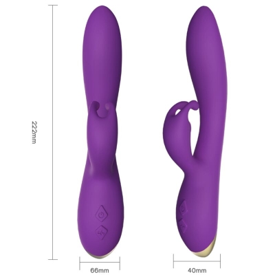 Purple vibrator with two views, 222 mm long, 66 mm and 40 mm wide, with controls on the base.