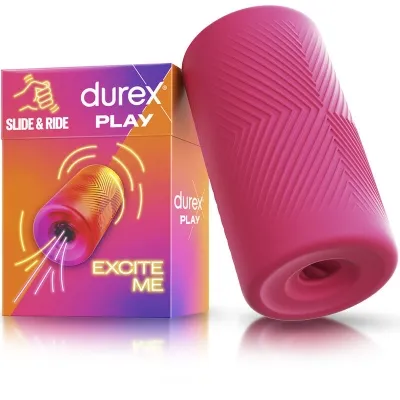 Pink Durex Play "Excite Me" masturbator next to colorful packaging with the text "Slide & Ride".