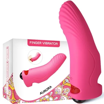 Pink finger vibrator with packaging, decorated with a colorful pattern and the inscription "Aurora".