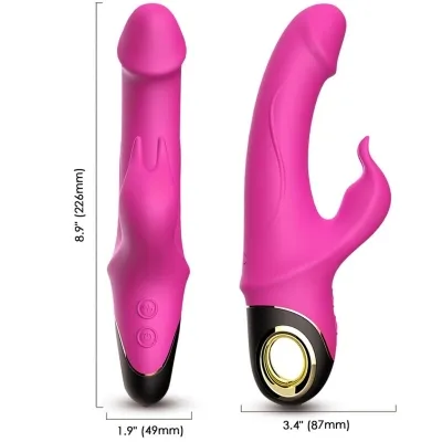 Two pink vibrators with different designs and sizes, one with a clitoral stimulator, both with black handles.
