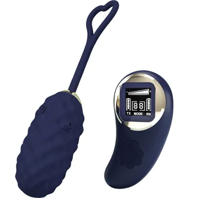 Blaues, strukturiertes Vibrations-Ei mit Fernbedienung und Display, Herzschlaufe am Ende.