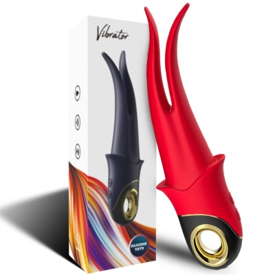 Roter Vibrator mit goldenen Akzenten neben Verpackung mit buntem Design und der Aufschrift "Silicone Toys".