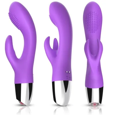 Three purple vibrators with curved design and textured tips, silver base, shown from different angles.