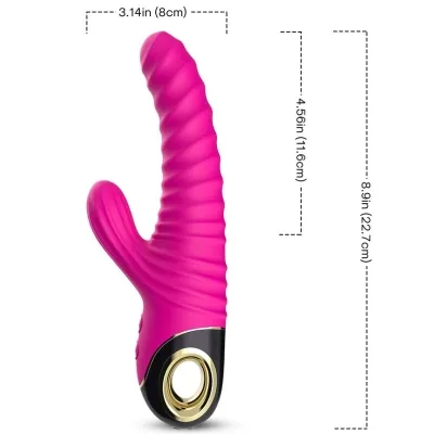 Pink vibrator with a ribbed surface and two ends, dimensions: 8 cm, 11.6 cm, 22.7 cm.