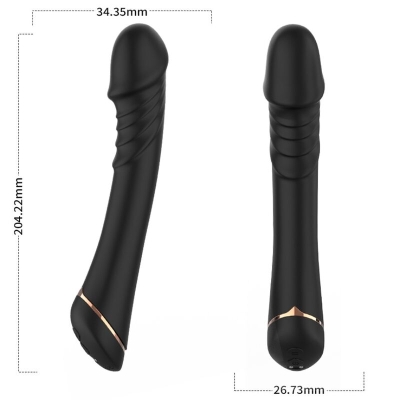 Black vibrator with golden accents, dimensions: 204.22 mm length, 34.35 mm and 26.73 mm diameter.