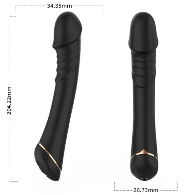 Black vibrator with golden accents, dimensions: 204.22 mm length, 34.35 mm and 26.73 mm diameter.