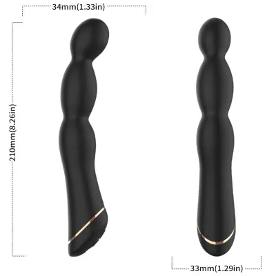 Black, curved massager with gold accents, 210 mm long, 34 mm in diameter. Side and front views.