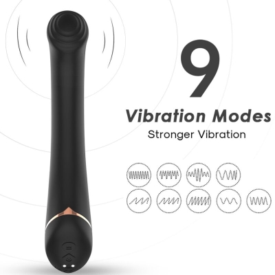 Schwarzer Vibrator mit 9 Vibrationsmodi, stärkere Vibration, grafische Darstellung der Modi.