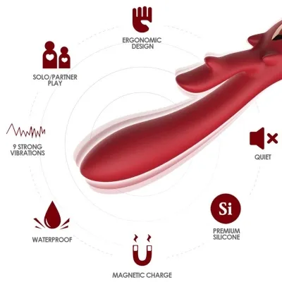 Red vibrator with ergonomic design, 9 vibration modes, quiet, waterproof, magnetic charging, made of premium silicone.