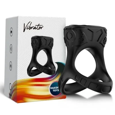 Black silicone vibrator ring in front of packaging with the word "Vibrator" and a colorful design.