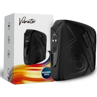 Schwarzer Vibrator mit Verpackung, darauf steht "Silicone Toys".