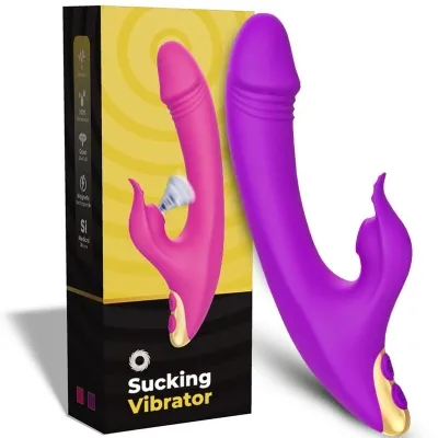 Lila und pinker Vibrator mit Saugfunktion, neben Verpackung mit gelbem Design und Produktinformationen.