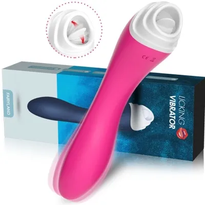 Pink vibrator with packaging in the background, close-up of the head with rotating tongue movements.