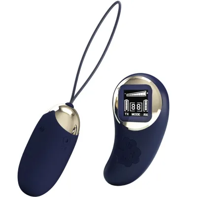 Blaues, eiförmiges Gerät mit goldenen Akzenten und Fernbedienung mit Display und Tasten.
