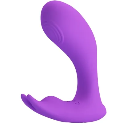 Purple, curved silicone sex toy with a textured handle and smooth surface.