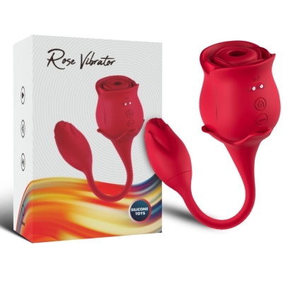 Red rose vibrator with packaging, curved design, made of silicone, with controls and charging port.