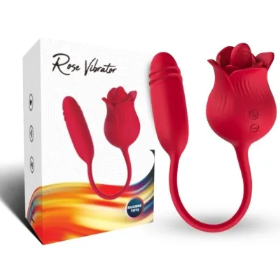 Red rose-shaped vibrator with packaging that says "Rose Vibrator".