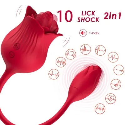 Red, rose-shaped massager with 10 modes, quiet function, 2-in-1 design, surrounded by heart and wave symbols.