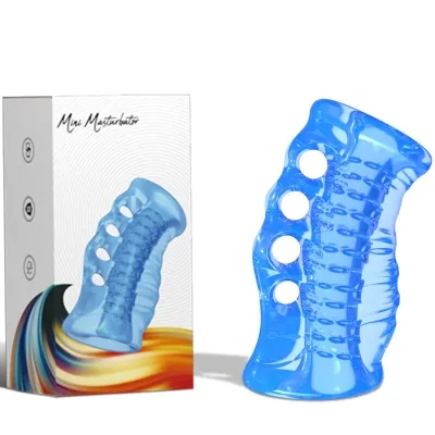 Blue masturbator with textured design and packaging in the background.