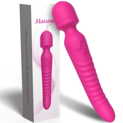 Pink massage device with ribbed handle and controls, next to matching packaging.