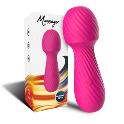 Pink massage wand with a ribbed surface, next to packaging labeled "Massager" and "Silicone Toys".