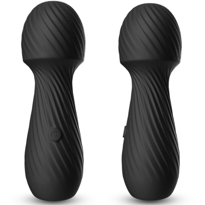 Two black, ribbed massage devices with buttons, standing side by side.