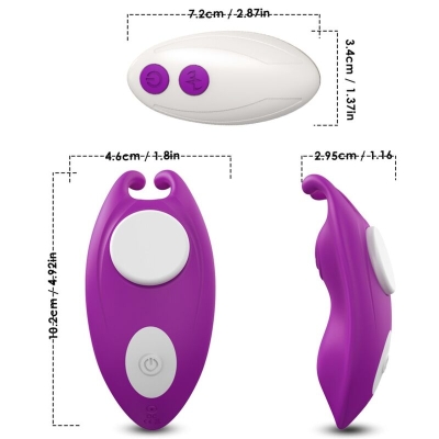 Purple and white device with buttons, dimensions: 10.2 x 4.6 x 2.95 cm. Remote control: 7.2 x 3.4 cm.