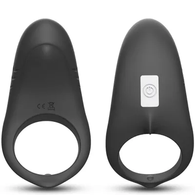 Two black silicone rings with button, front and back view.