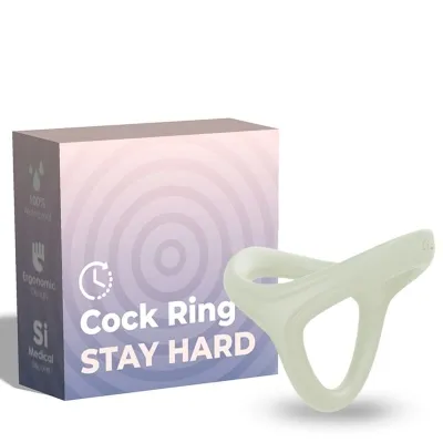 Verpackung und weißer Cockring mit der Aufschrift "Cock Ring Stay Hard", ergonomisches Design, medizinisches Silikon.