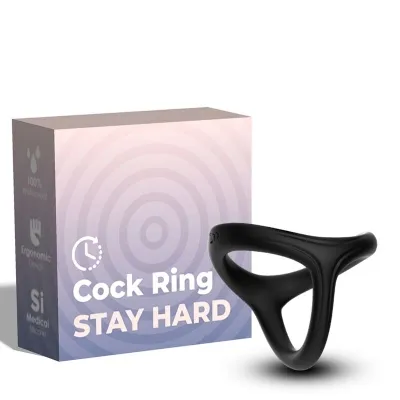Black cock ring in front of packaging with the inscription "Cock Ring Stay Hard", ergonomic design, medical-grade silicone.