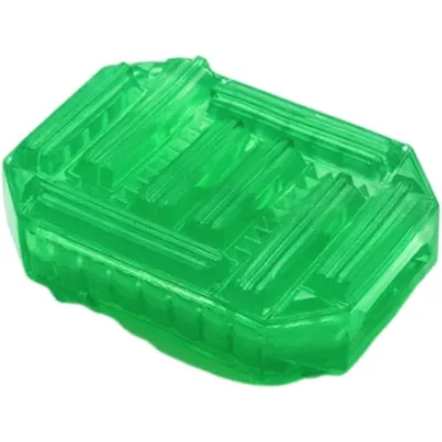 Green, rectangular soap dish with a ribbed surface and transparent design.