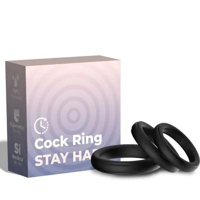 Packaging and three black cock rings made of medical-grade silicone, ergonomic design, 100% waterproof.