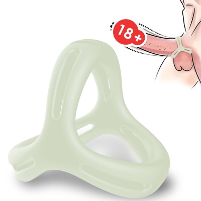 Adult product: White silicone ring with 18+ warning, application on the body illustrated.