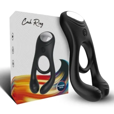 Black silicone cock ring with packaging in the background, colorful wave patterns on the box.