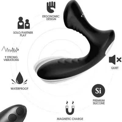 Black ergonomic massager with 9 vibration modes, waterproof, quiet, magnetically rechargeable, made of premium silicone.