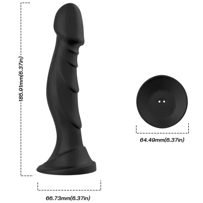 Black silicone dildo with suction cup, 185.9 mm high, 66.73 mm wide, base diameter 64.49 mm.