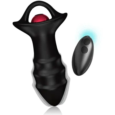 Black, ribbed sex toy with red accents and a two-button wireless remote control.
