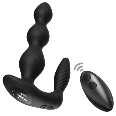 Black, wavy massager with remote control, suitable for intimate applications.