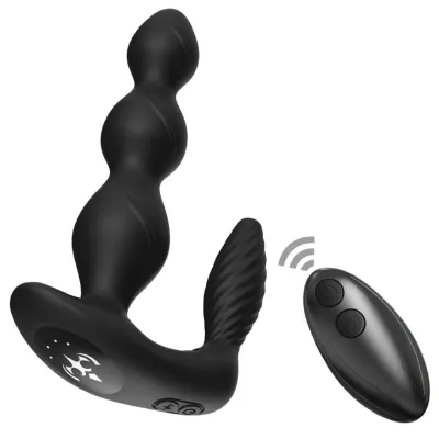 Black, wavy massager with remote control, suitable for intimate applications.